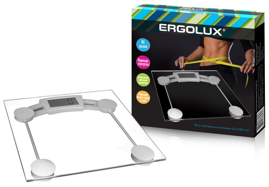 Весы ERGOLUX Весы напольные ERGOLUX ELX-SB01-C21 электронные 0-180кг, ЖК-дисплей, прозрачные - фотография № 2