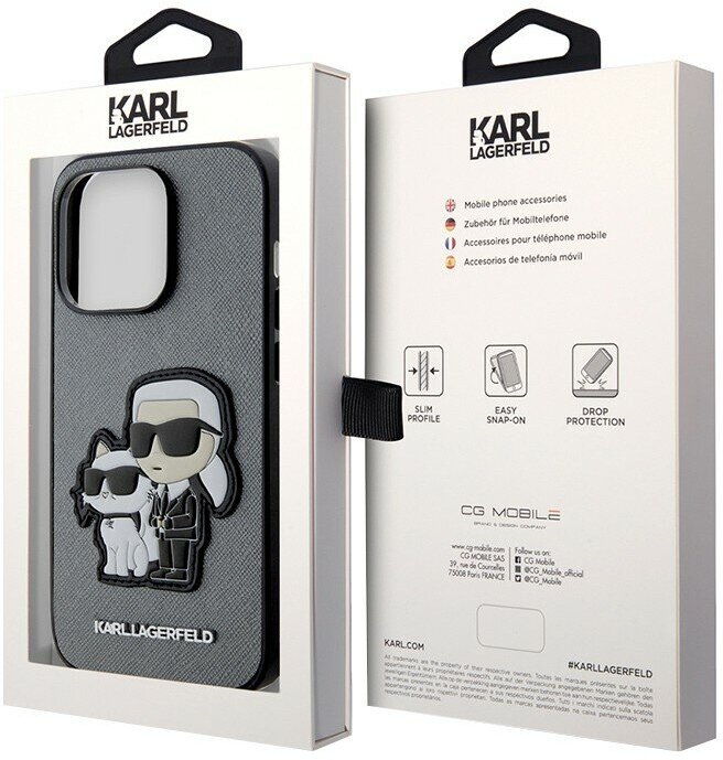 Lagerfeld для iPhone 14 Pro Max чехол PU Saffiano NFT Karl & Choupette Hard Silver