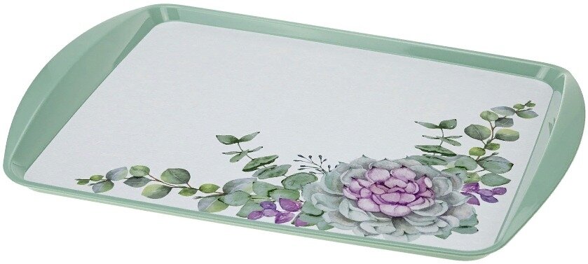 Поднос Idea / Идея Деко Каменная Роза с двумя ручками из полипропилена голубой с рисунком 36×26см / сервировка стола