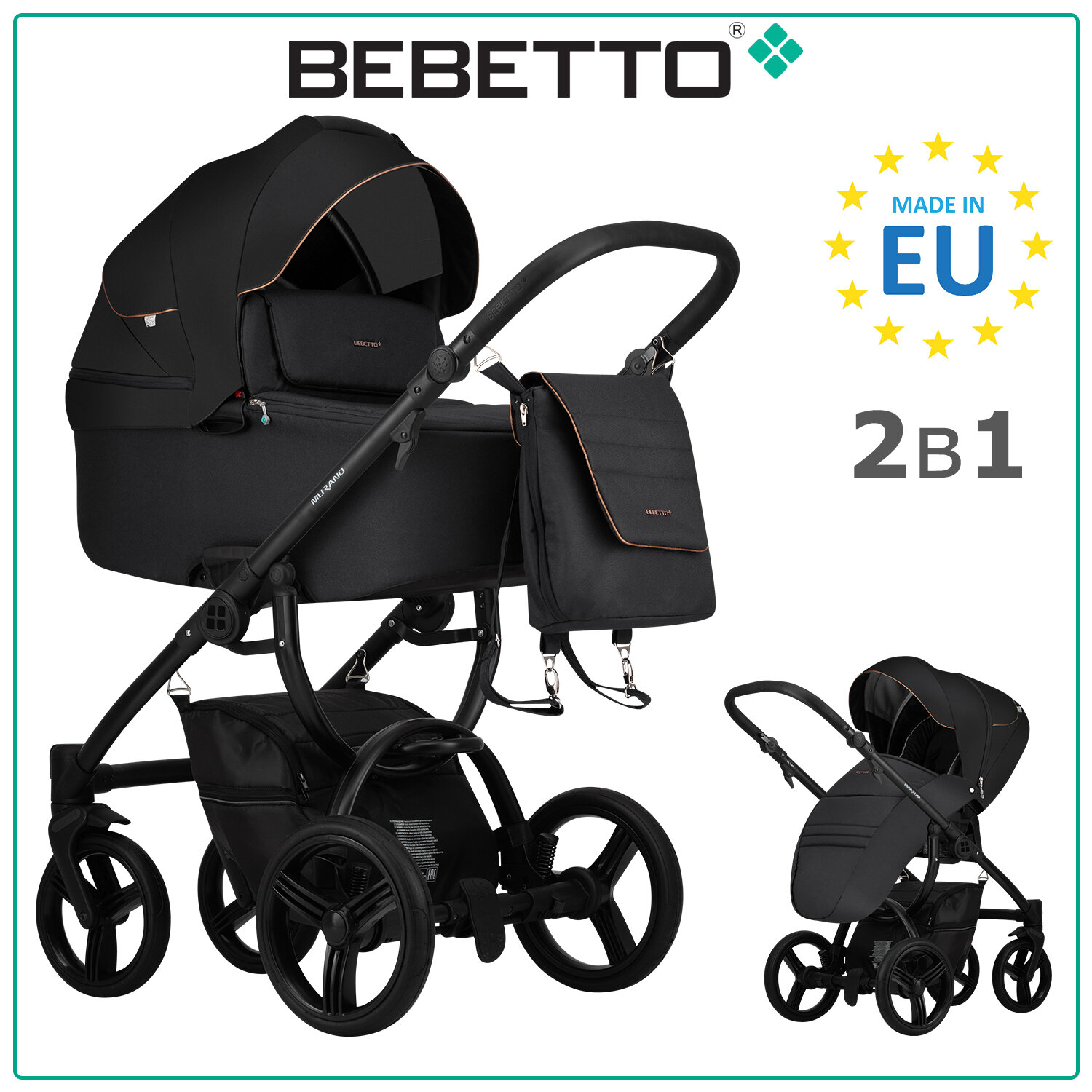Детская коляска 2 в 1 Bebetto Murano (экокожа+ткань) SI02_CZM
