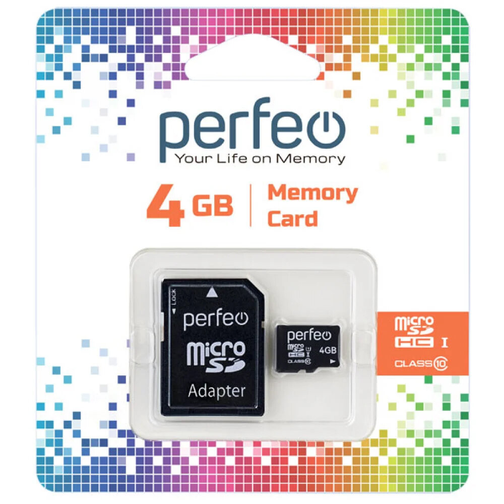 Карта памяти Perfeo, microSD, 4GB, High-Capacity, Class 10, с адаптером