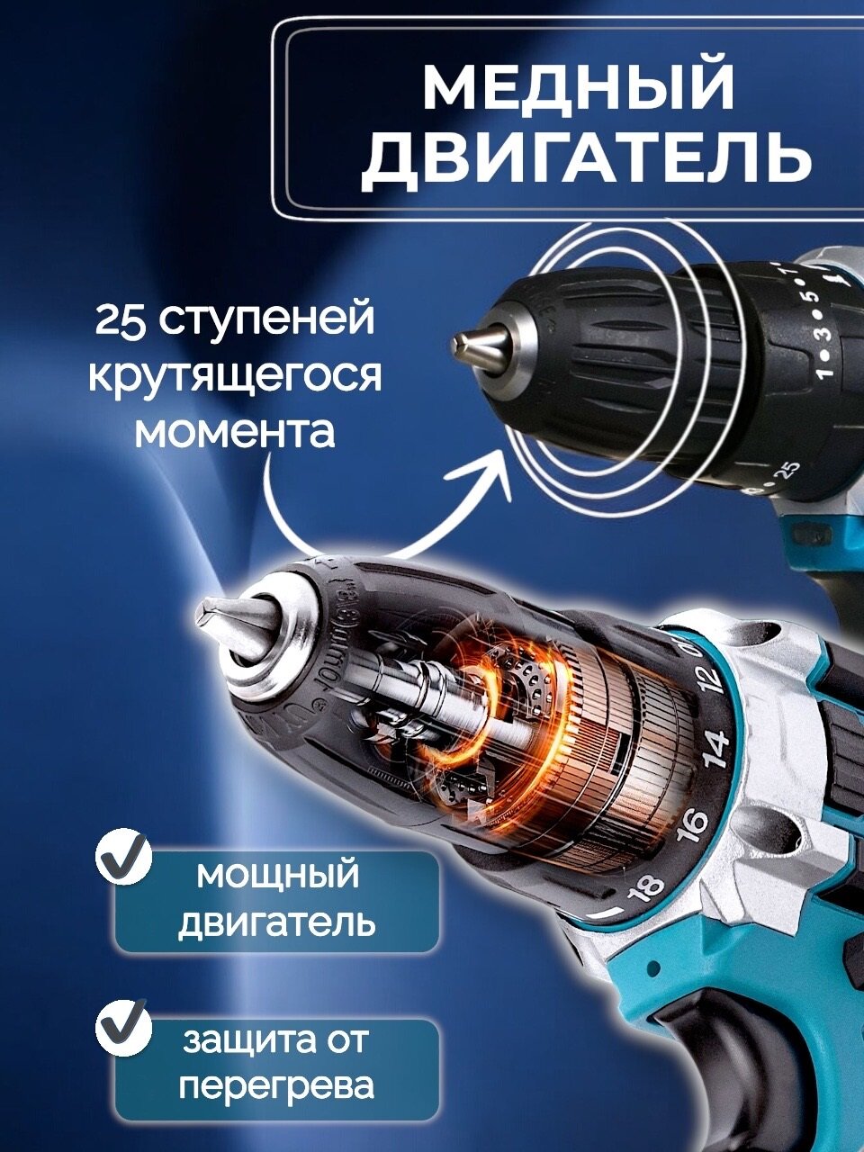 Шуруповерт, дрель, Ударный шуруповерт, аккумуляторный, 36V / 36В, 2 АКБ Li-ion, Шуруповерт с набором, 2 скорости — фото 1