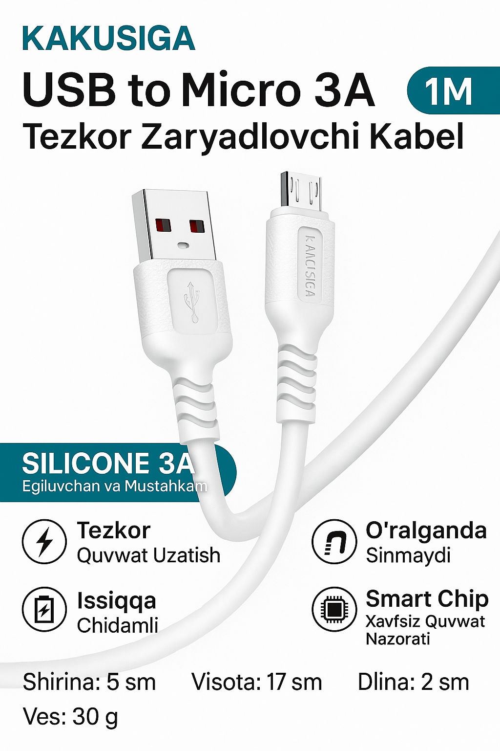 Кабель KAKUSIGA USB-Micro 3A для быстрой зарядки | 1 м | Мягкий силиконовый чехол | Гибкий и прочный