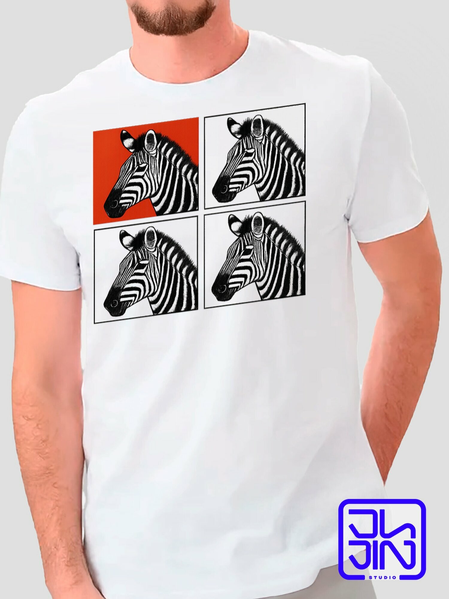 Футболка Jujin Studio классическая мужская с авторским принтом Зебра черно-белая графитовая в полосах, стильное контрастное изображение, белый хлопковый трикотаж с прикольным рисунком на груди, 1 шт., размер M, белый
