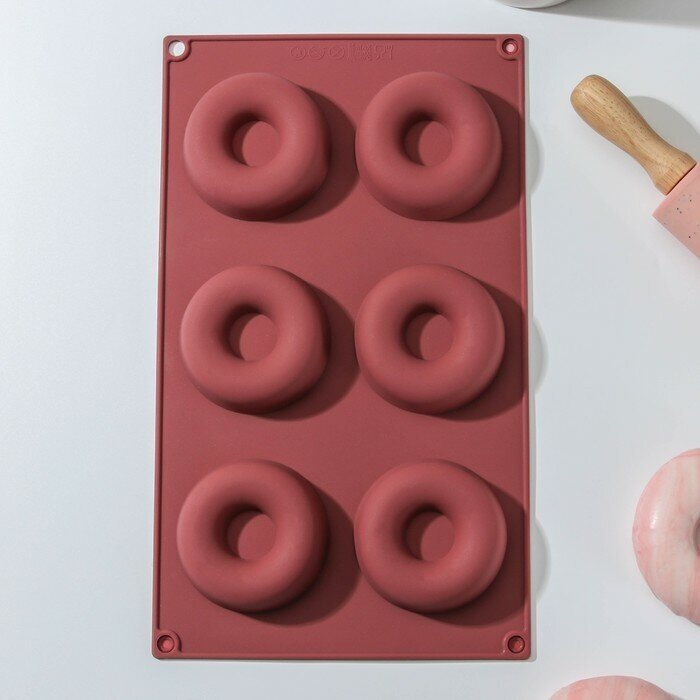 Форма для выпечки Доляна «Сладости. Пончики», силикон, 29×17 см, 6 ячеек, d=6,8 см, цвет микс