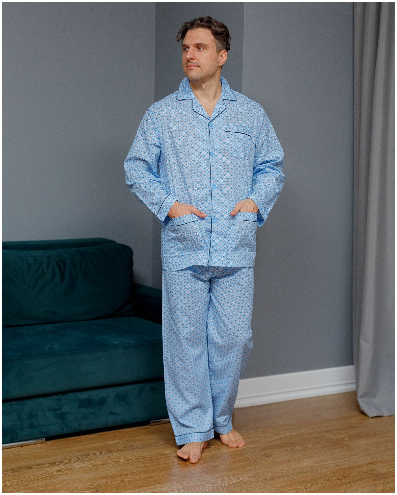 Пижама мужская с брюками и рубашкой с длинным рукавом хлопок Global - фотография № 9