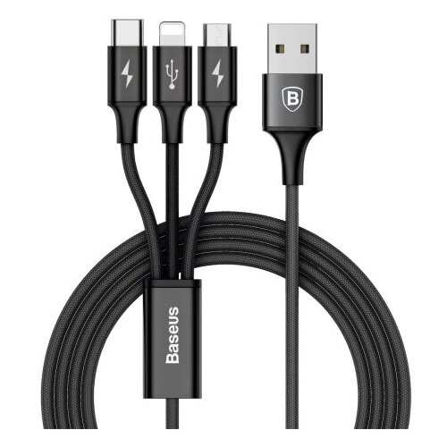 Кабель Baseus 3 in 1 Rapid Series USB - USB Type-C/Lightning/microUSB (CAMLT-SU), 1.2 м, 1 шт., черный кабель baseus 3 in 1 rapid series usb usb type c lightning microusb camlt su 1 2 м синий