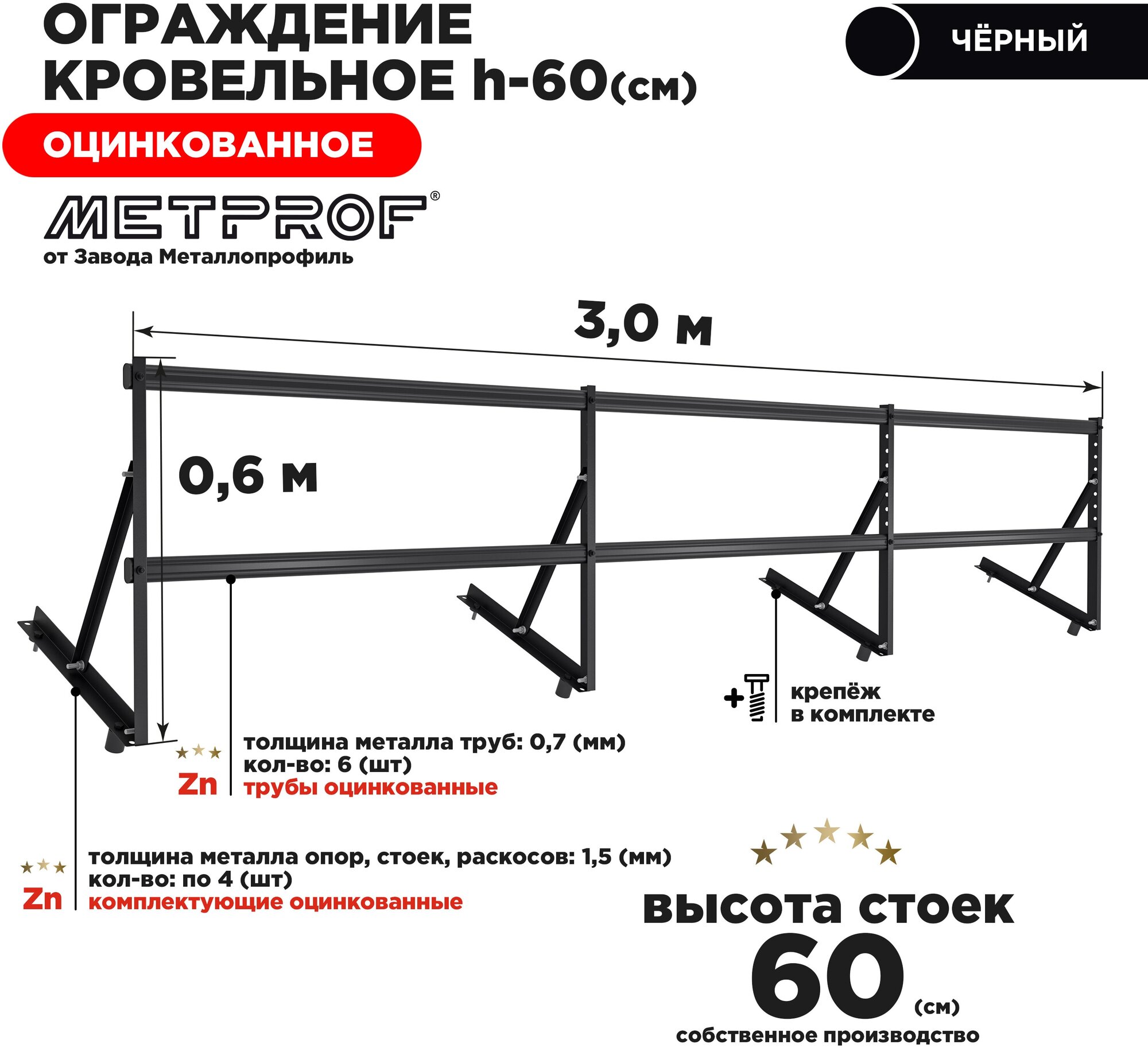 Кровельное ограждение для профнастила / металлочерепицы. Высота 0.6 метра, комплект на 3 метра RAL 9005 Черный - фотография № 1