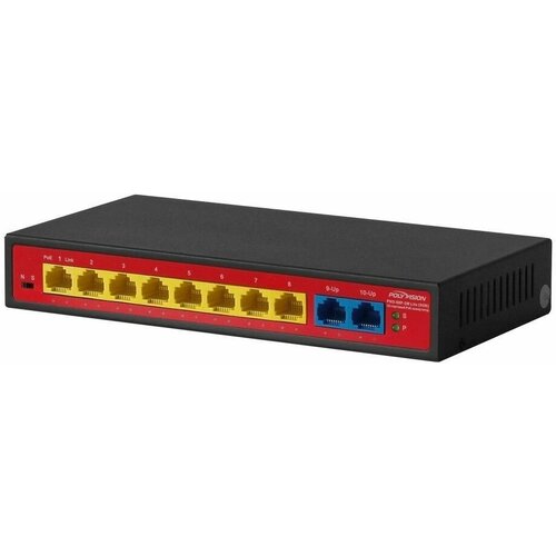 Polyvision PND-08P-2M LITE 10-портовый неуправляемый PoE коммутатор (95W) медиаконвертер planet 1 port rs232 422 485 serial device server 1 port 10 100base tx 10 to 60 c web telnet and snmp management