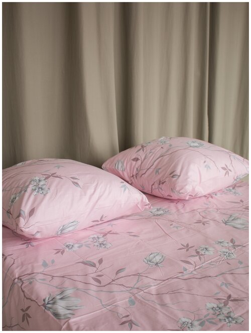 Простынь 1,5 спальная 150х215 поплин 100 % хлопок Mary Home Магнолия розовый