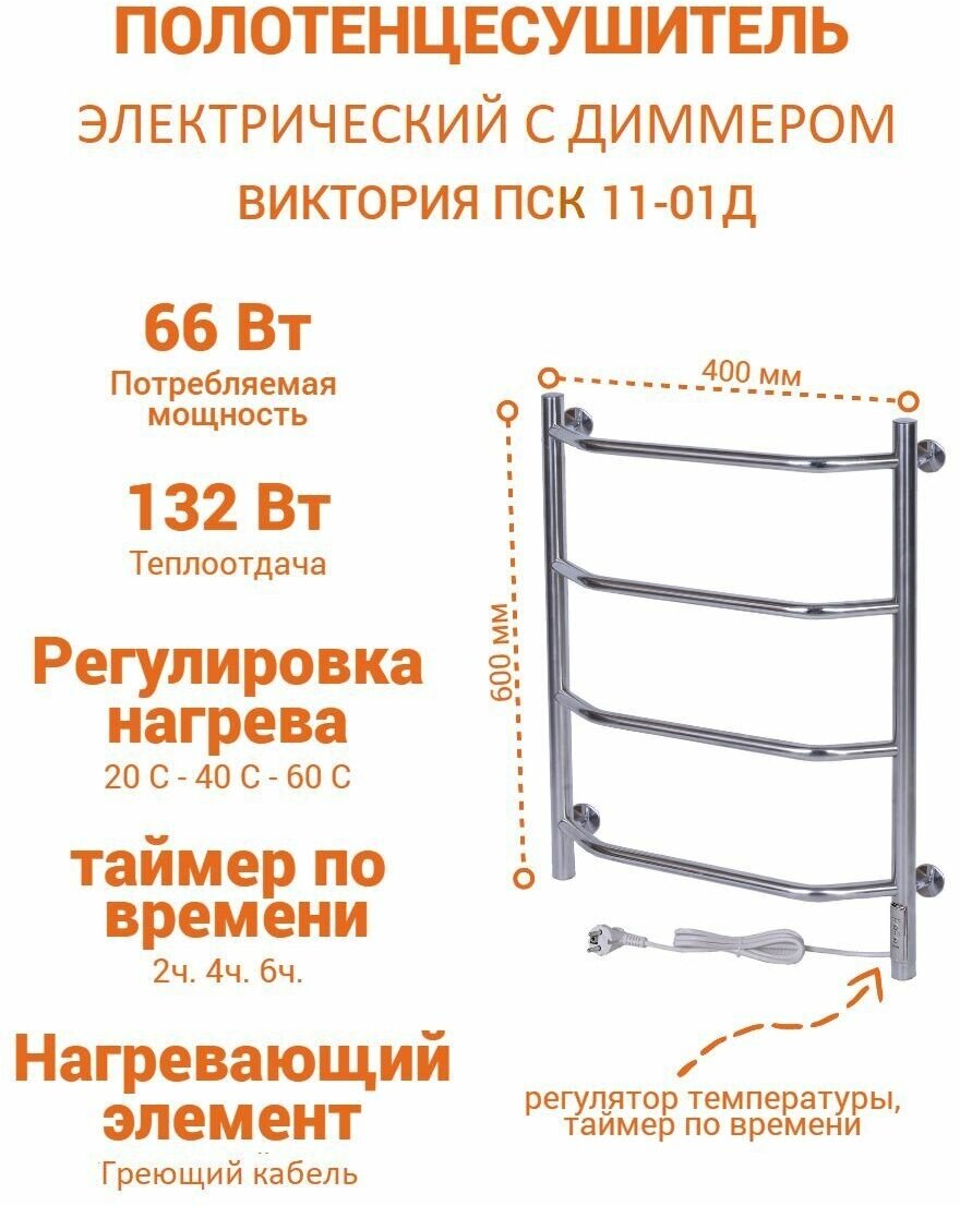 Электрический полотенцесушитель Виктория 400х600 с терморегулятором и таймером