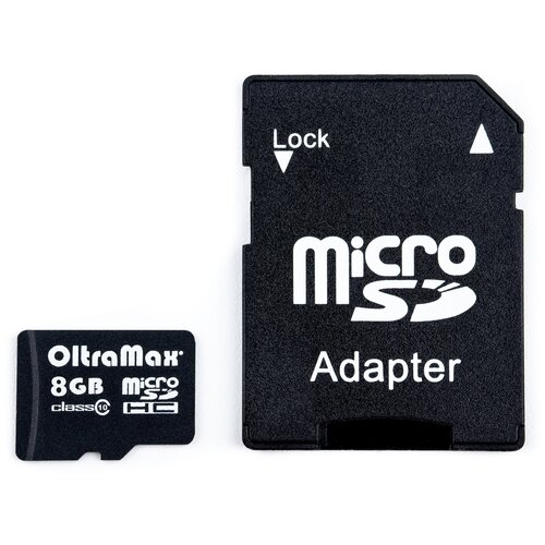 Карта памяти OltraMax microSDHC 8 ГБ Class 10, V10, A1, UHS-I U1, адаптер на SD, 1 шт., черный