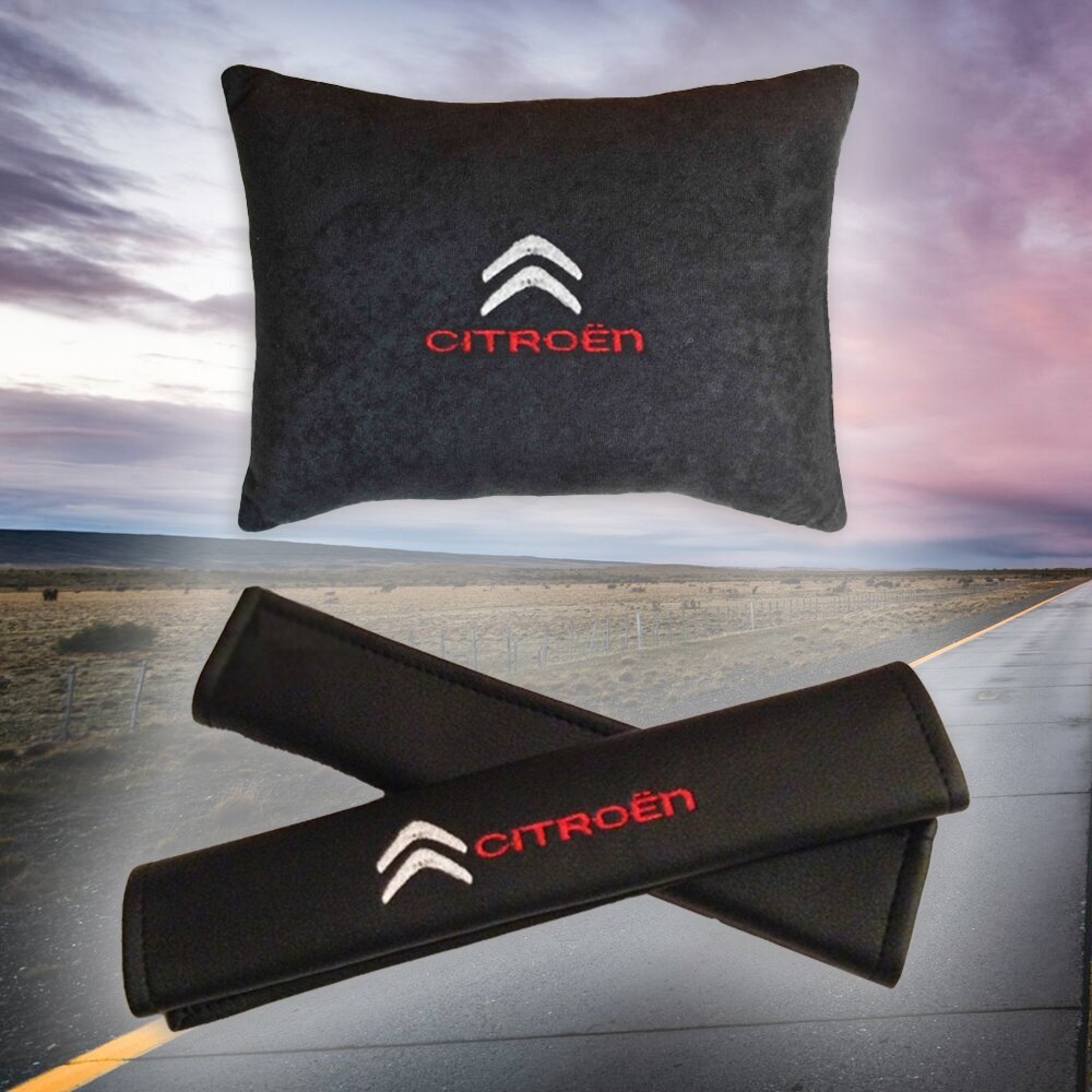 Подарочный набор автомобилиста из черного велюра для Citroen (ситроен) (автомобильная подушка и накладки на ремень безопасности)