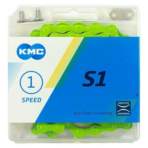 Цепь KMC S1, 1-скоростная, 112 звеньев, 1/2x1/8 зелёная цепь 1 2 х1 8 112зв 8 6мм s1 wide brown с замком в пластик коробке коричневая 1скор кмс