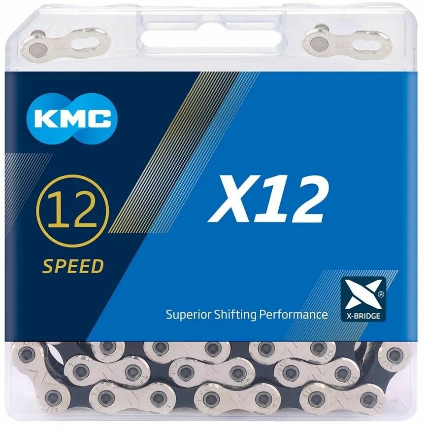 Цепь KMC X12 126 звеньев 12 скоростей (Цепь KMC X12 NP/BKS, 12 ск, 1/2"X11/128" х 126L, с замком в торг. уп, ZTB22304)