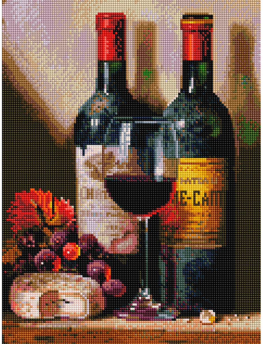 Алмазная мозаика на подрамнике Белоснежка "Вино, сыр и виноград" / Алмазная мозаика 30x40 см / Натюрморт / Вино