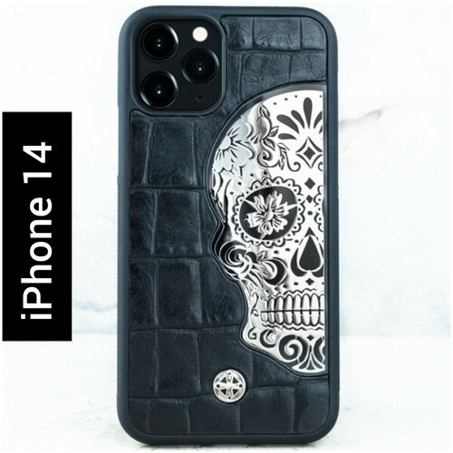 защитный чехол skull Чехол iPhone 14 - Mexican Katrina's Skull Croc Leather Black