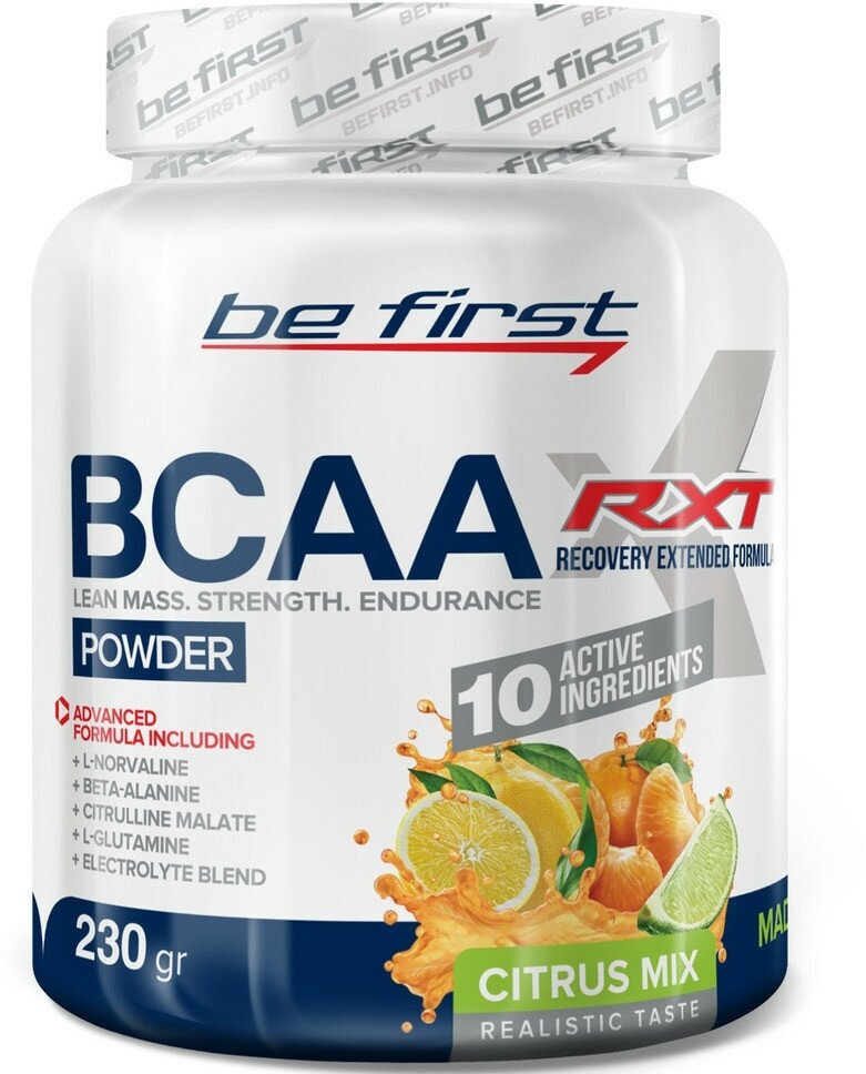 BCAA 2:1:1 Be First BCAA RXT powder 230 г, Цитрусовый микс