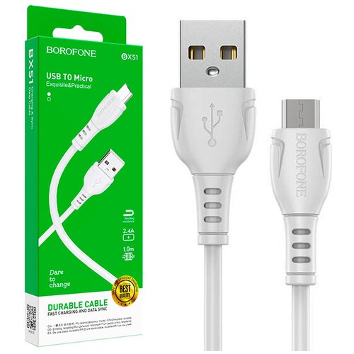 Кабель Borofone BX51, microUSB - USB, 2.4 А, 1 м, PVC оплётка, белый кабель usb type c borofone bx51 triumph 1 0м 3 0a цвет черный не упакован