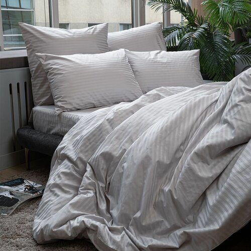 Комплект постельного белья Евро размер Monocolor Страйп сатин 100% хлопок / 4 наволочки /серый /премиум качество