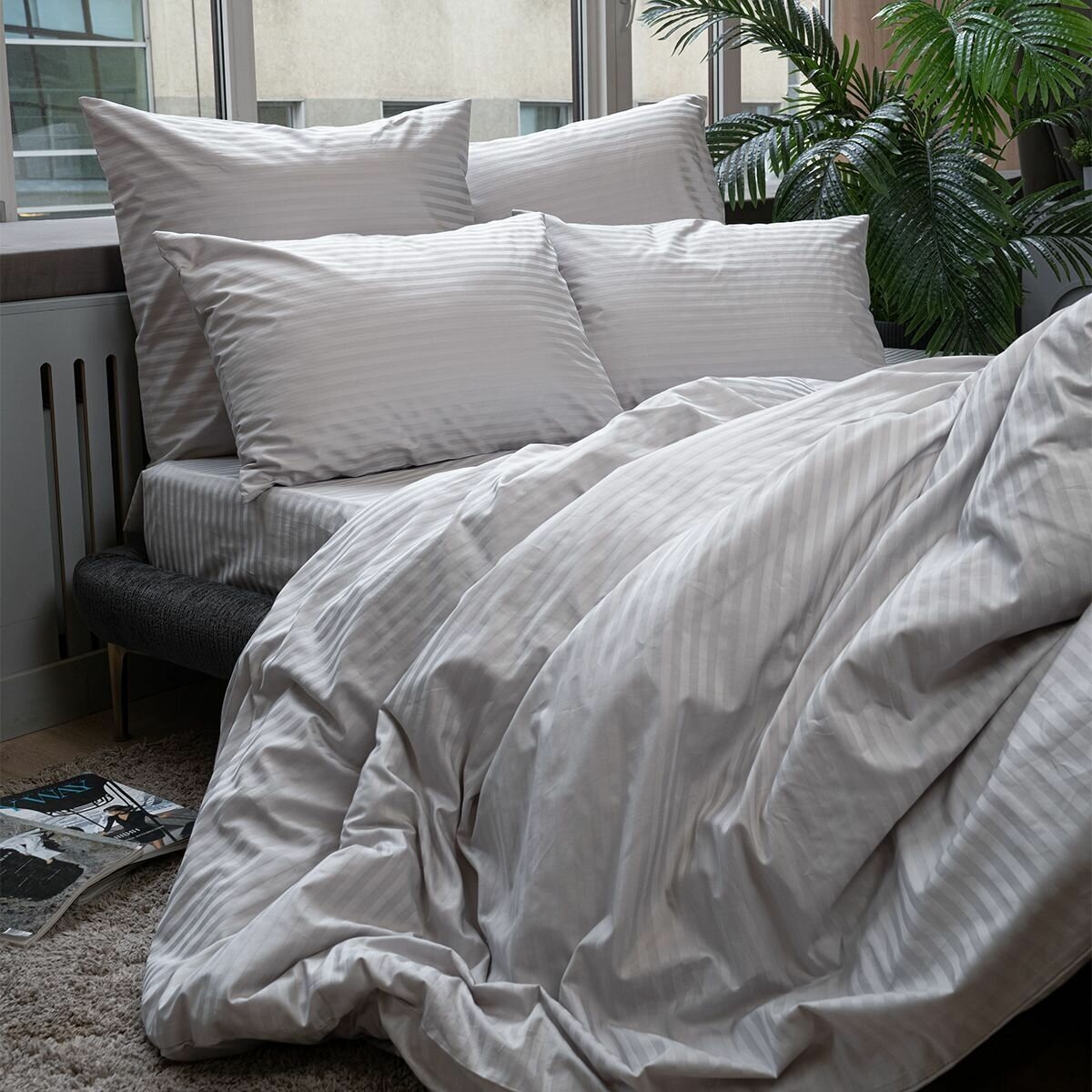 Комплект постельного белья 2-спальный размер Monocolor Страйп сатин 100% хлопок / 2 наволочки 50*70 /серый /премиум качество