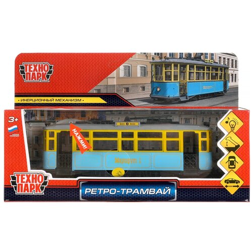 Трамвай ТЕХНОПАРК Ретро, TRAMMC1-17SL-BU, 17 см, желтый/голубой