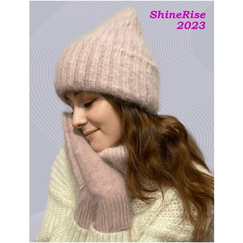 фото Шапка женская / комплект 3 предмета/ шапка + снуд + варежки/ женский зимний комплект/ ангора/ цвет пудра/ зима 2022-2025 shinerise