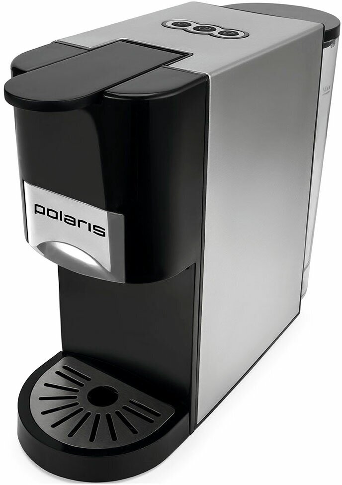 Кофеварка Polaris PCM 2020 3-in-1, тип капсул (Nespresso, Dolce-Gusto, молотый кофе), нержавеющая сталь/ черный, 20 бар — фото 1