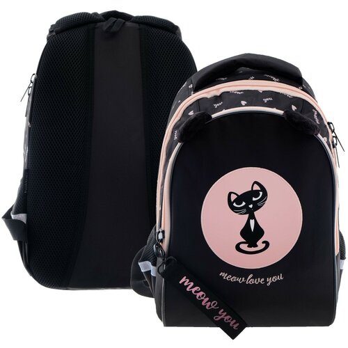Рюкзак школьный 40 х 26 х 19 см, эргономичная спинка, Hatber Sreet Мур-Мяу, розовый/чёрный NRk_77090