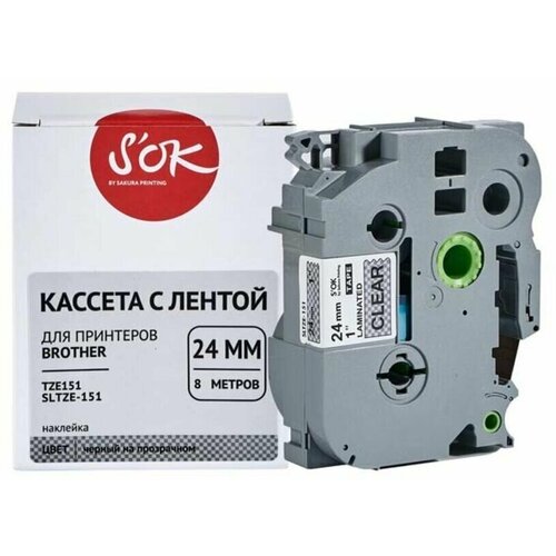 Кассета с лентой TZE-151 для Brother PT-E550WVP, PT-P700, PT-E300VP SOK черный на прозрачном, 12мм/8м, наклейка