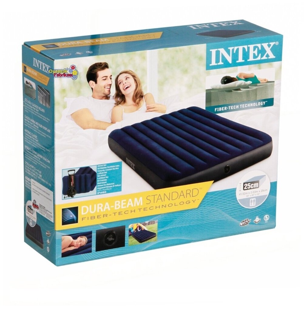 Кровать-матрас с двумя подушками INTEX DURA-BEAM SERIES CLASSIC DOWNY, 152х203х25см (насос в комплекте)