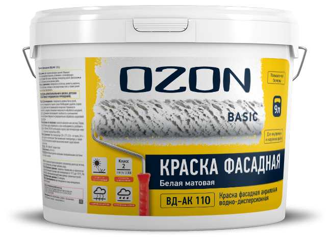 Краски фасадные OZON Краска фасадная акриловая стойкая OZON Basic ВД-АК-110-13 белая 9л обычная