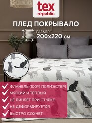 Плед TexRepublic Absolute flannel 200х220 см, размер Евро, велсофт, покрывало на кровать, теплый, мягкий, черный, серый, белый с рисунком Коты