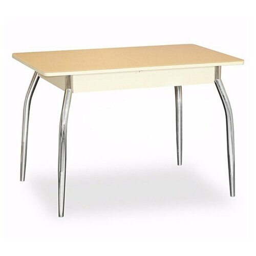 фото Обеденный стол, столбери, ирвин, стекло бежевое глянцевое, венге, ноги гнутые, гальваника, прямоугольный, раскладной, модерн