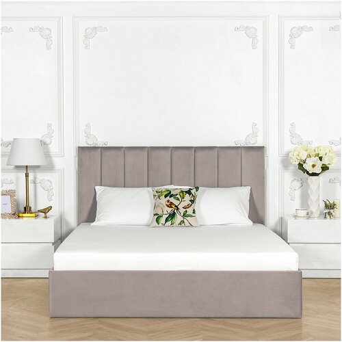 Кровать двуспальная с подъемным механизмом и ящиком для белья 160х200 серо-бежевая Вега