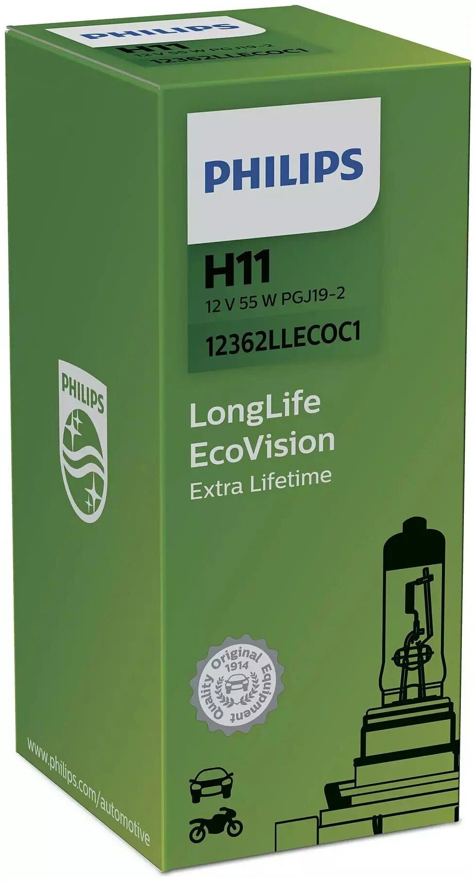 Лампа автомобильная галогенная Philips LongLife EcoVision 12362LLECOB1/12362LLECOC1 H11 12V 55W PGJ19-2 1 шт.