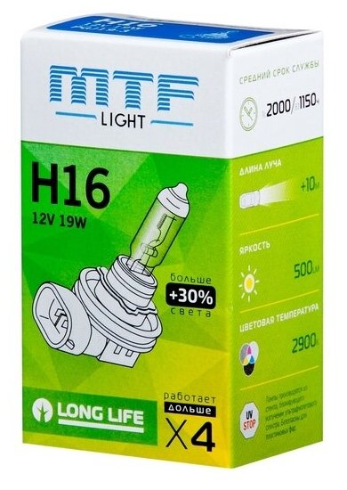 Лампа автомобильная галогенная MTF Light Standard+30% HS1216 H16 12V 19W LONG LIFE x4 PGJ19-3
