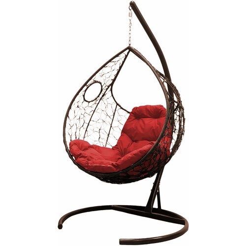 Подвесное кресло ротанг коричневое, красная подушка