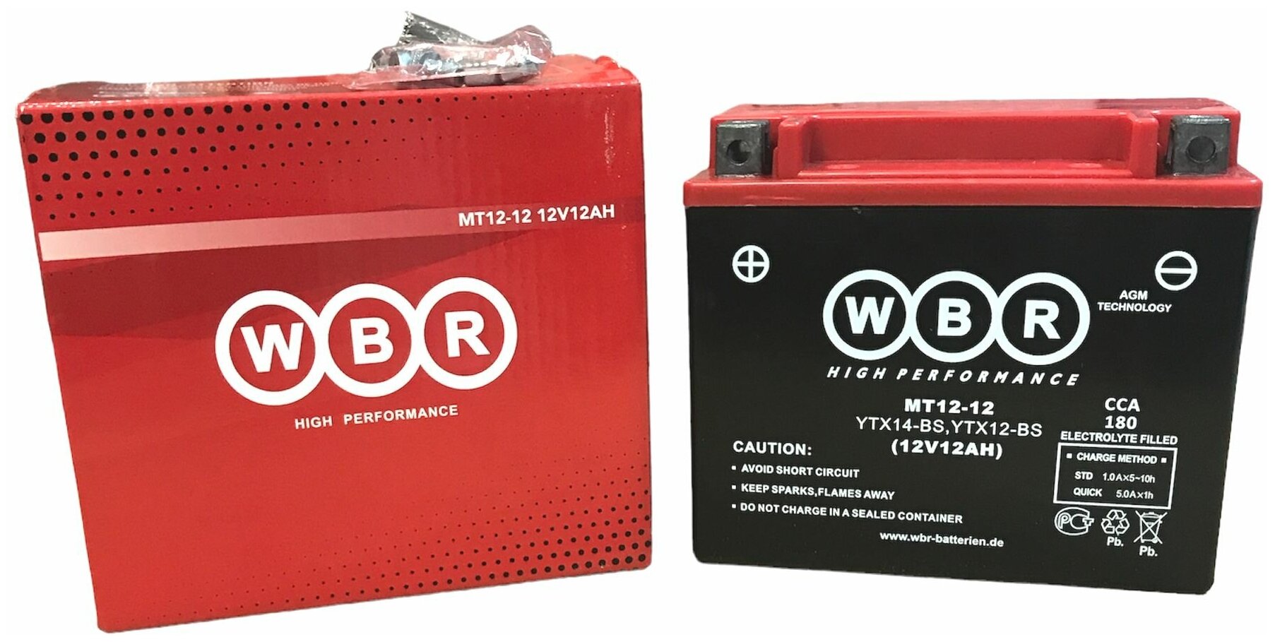 Аккумулятор MT12-12 WBR (12В, 12Ач / 12V, 12Ah / ток х.п. 180А) аналог YTX14-BS , YTX12-BS (150x87x130) (прямая +-)