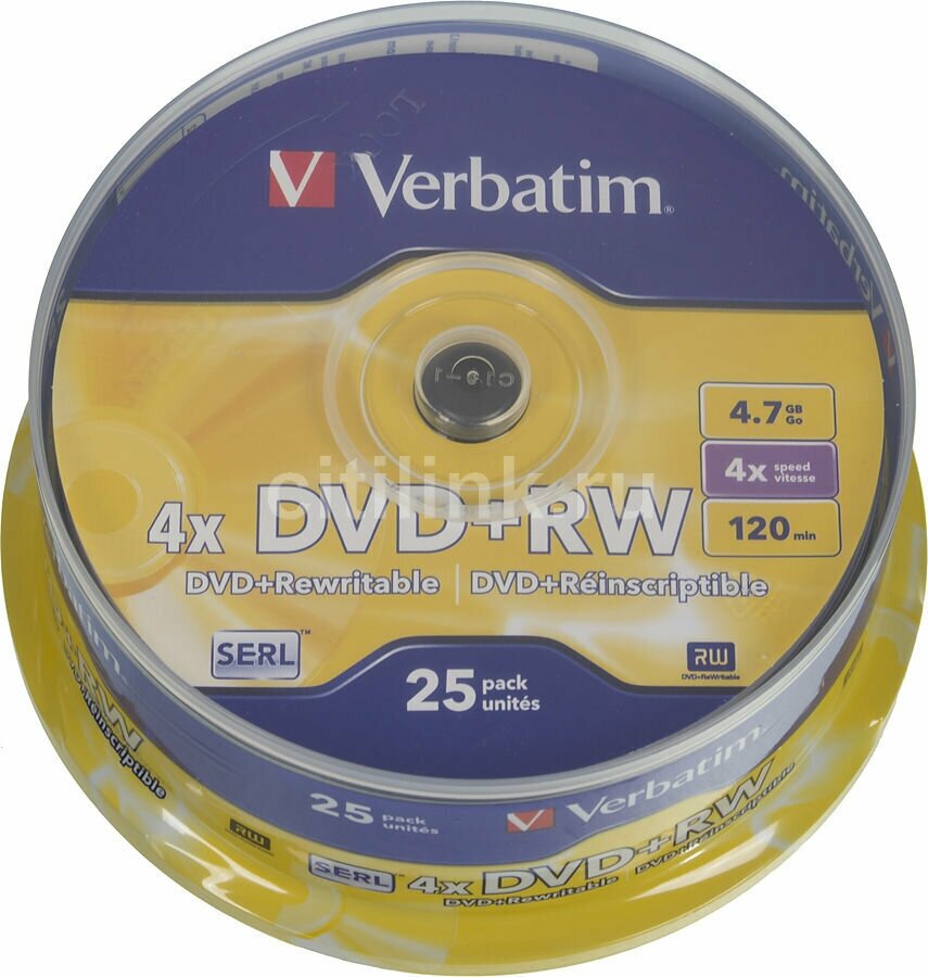 Оптический диск DVD+RW VERBATIM 4.7Гб 4x, 25шт, cake box [43489]