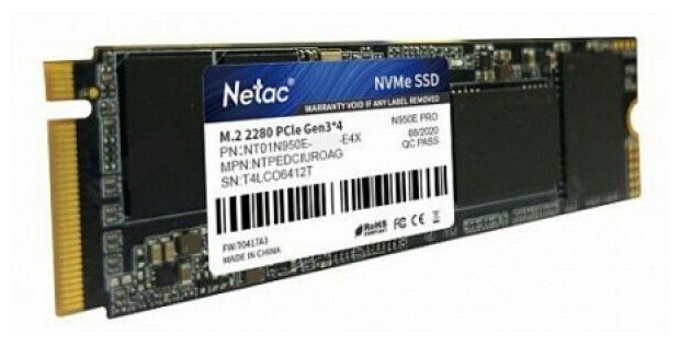 SSD M.2 Netac 500Gb N950E Pro Series Retail (PCI-E 3.1 x4, до 3500/2200MBs, 3D NAND, DDR3 512Mb, NVMe 1.3, 22x80mm)
