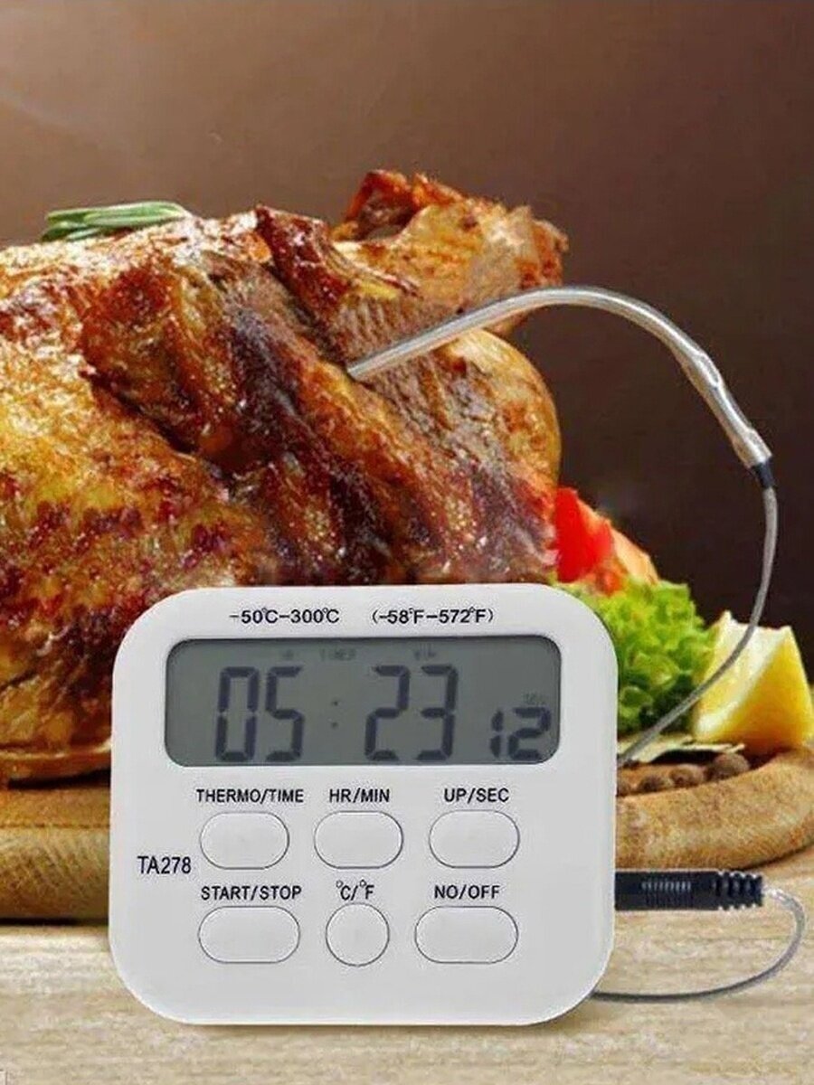 Кулинарный термометр с таймером электронный со щупом 16 см из нержавеющей стали, провод 1 метр