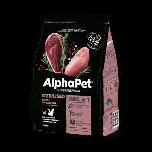 С1690111012 AlphaPet Superpremium Сухой корм для взр стерил кошек с уткой и индейкой 400гр 15 561₽