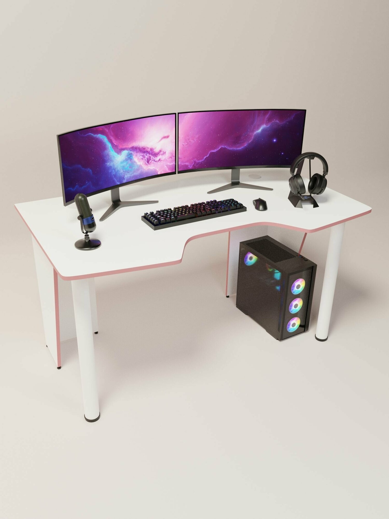 Игровой компьютерный стол FPS 140х78х73 Бело-розовый + Белые ножки