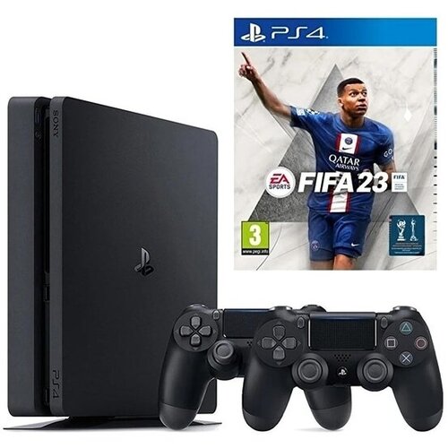 Игровая приставка Sony PlayStation 4 Slim 500 ГБ HDD черный 2-ой джойстик DualShock 4 FIFA 23 4898000₽