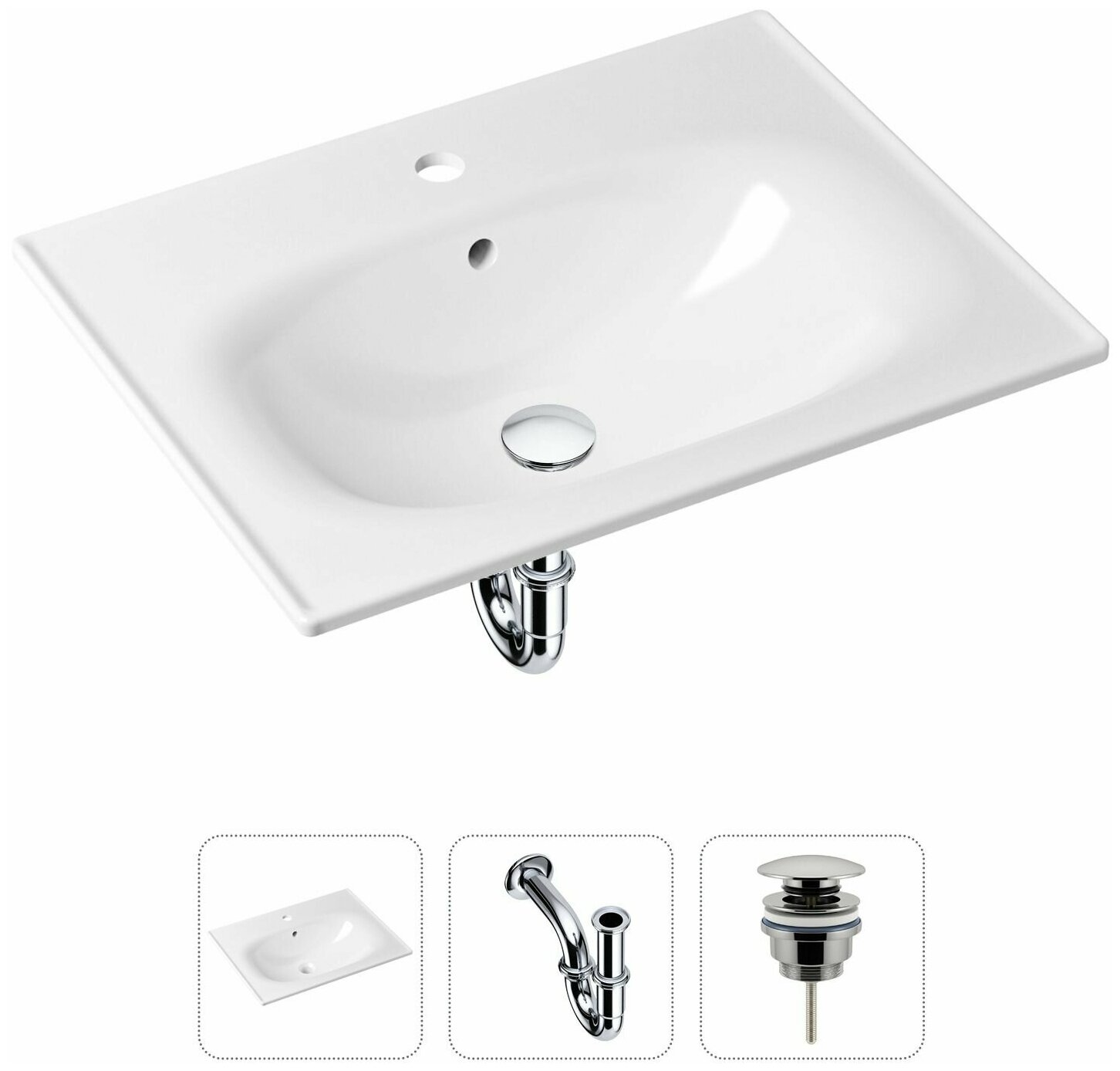 Комплект 3 в 1 Lavinia Boho Bathroom Sink 21520434: врезная фарфоровая раковина 60 см, металлический сифон, донный клапан