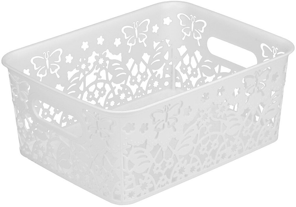 Корзина-ящик пластмассовая для хранения "Бабочки" 25х19,5см h10,2см, матовый пластик, с крышкой, с ручками, белый - фотография № 4