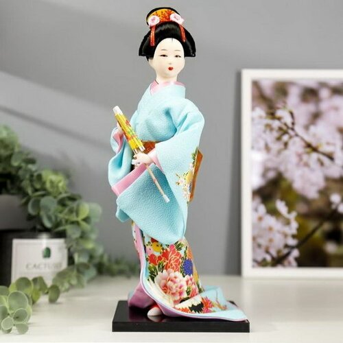 Кукла коллекционная Японка в голубом кимоно с зонтом 30х12.5х12.5 см