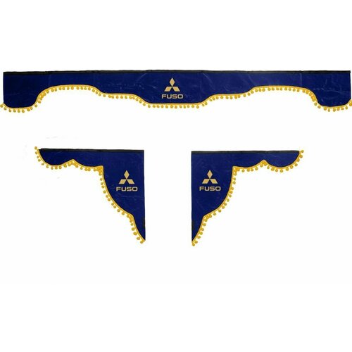 Ламбрекен с косынками в FUSO (7-16 тонн). Синий цвет с желтыми шариками. Ткань флок.