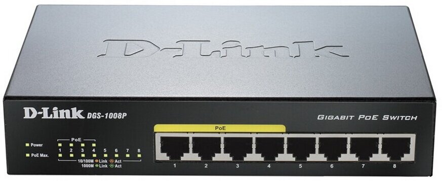 Коммутатор D-Link DGS-1008P/F1A 8G 4PoE 80W неуправляемый